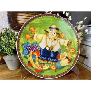 VTG Scarecrow HAPPY HARVEST Round Chop Plate/Platter by WCL. 12.5", Fall decor